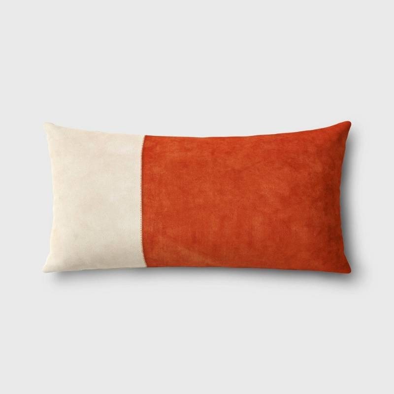lot 40081 image: Oversized Colorblock Pieced Suede Lumbar Throw Pillow OrangeNeutral - Threshold�� Soft Faux-Suede, Removable Cover, Indoor Use - Retail $25