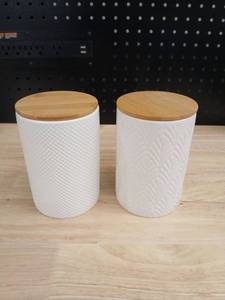 lot 40431 image: Modern Ceramic Storage Canisters with Bamboo Lids - Retail $25