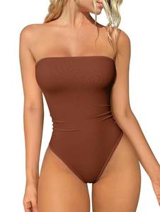 lot 8539 image: OQQ Womens Tube Bodysuits Strapless Basic Sleeveless Ruched Stretch Classic-Fit Tops Sexy Bodysuits Caramel Medium