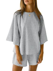 lot 8546 image: Tankaneo Womens Pajama Sets 34 Sleeve Oversized Tops and Elastic Waist Shorts Lounge Sets Loungewear Grey Medium