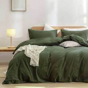 lot 8585 image: BESTOUCH Duvet Cover Set 100% Washed Cotton Linen Feel Super Soft Comfortable Chic Lightweight 3 PCs Home Bedding Set Solid Olive Green FullDouble