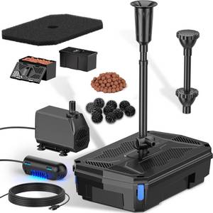 lot 8590 image: NFESOLAR All-in-one Pond Filter Fountain Kit, 660 GPH Submersible Water Pump with 3-Layer Filtration, UV Clarifier for Outdoor Ponds Up to 2000 Gallon, Fish Tank, Pool, Garden Waterscape N2390