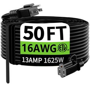 lot 8615 image: HUANCHAIN Indoor Outdoor Black Extension Cord 50 ft Waterproof, 163 Gauge Flexible Resistant Appliance Extension Cord Outside, 13A 1625W 16AWG SJTW, 3 Prong Heavy Duty Electric Cable, ETL Listed