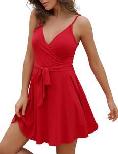 lot 8672 image: Aphratti Red Dresses for Women Summer Casual Spaghetti Strap Sun Dress Sleeveless Faux Wrap Fit and Flare Flowy Sexy Short Sundress (Red, Small)