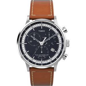 lot 8707 image: Timex Mens Waterbury Classic Chrono 40mm Stainless Steel Quartz Dress Watch with Leather Strap, Brown, 20 (Model TW2V30800VQ)