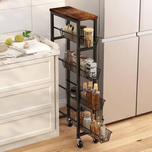 lot 8710 image: Honest Slim Storage Cart 5-Tier Slim Rolling Cart with Metal Frame and Wooden Top, 6.3 Inches, for Kitchen, Dining Room, Living Room, Bathroom, Home Office, Rustic Brown and Black