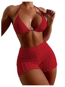 lot 8720 image: SOLY HUX Womens 2 Piece Swimsuits Halter Triangle Top with Shorts Bikini Set Bathing Suits Solid Red Small
