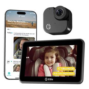 lot 8743 image: Ellie Baby Car Monitor, 2K UHD Backseat Monitor with Color Night Vision, Face Tracking, Dual Display for 2 Kids, Wide View Car Baby Camera, Smart Video Capture & App Control
