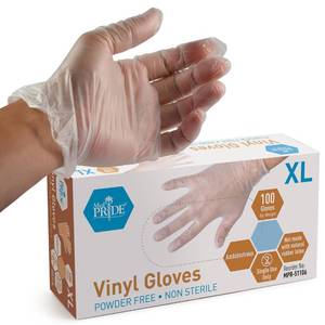 lot 8747 image: Med PRIDE Vinyl Gloves X-Large Box of 100 4.3 mil Thick, Powder-Free, Non-Sterile, Heavy Duty Disposable Gloves Professional Grade for Healthcare, Medical, Food Handling, and More