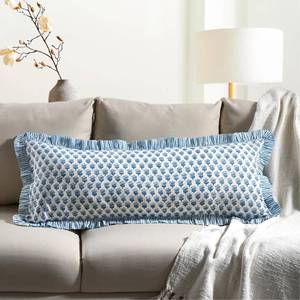 lot 8774 image: CPC Apatite Blue 100% Cotton Block Print Ruffle Sham Cover 14x36 inch, Handmade Boho Floral Pillowcase, Farmhouse Cottagecore Bedding, Soft Decorative Cushion Cover for Bedroom D�cor