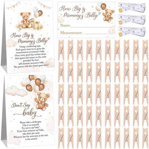 lot 8776 image: Suzile 105 Pcs Bear Theme Baby Shower Games Include How Big is Mommys Belly Game Measure Mommys Belly Sign Dont Say Baby Sign with 50 Mini Clothespins 50 Pcs Guessing Cards 3 Rolls Measuring Tape