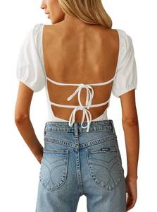 lot 8777 image: oten Womens Summer Backless Puff Sleeve Bodysuit Square Neck Tie Back One Piece Tops Jumpsuits Leotards White Medium