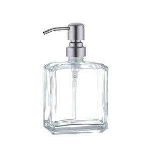 lot 8825 image: Kmeino Square Clear Glass Dish Soap Dispenser, Antique Design Refillable Hand Soap Dispenser with Rust Proof Stainless Steel Pump, 13.5 oz Lotion Dispenser for Bathroom Vanity, Kitchen Countertop