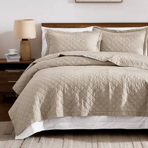 lot 8982 image: WDCOZY 100% Pre-Washed Cotton King Size Quilt Set - Beige Neutral Ruffle Box Soft Lightweight Bedspread, Textured Like Linen, Farmhouse Country Rustic Coverlet, Shabby Chic Gauze Bedding, 3 Pieces