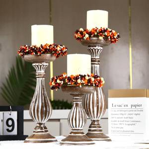 lot 8984 image: Set of 3 Rustic Wood Candle Holders with Handmade Wreath Rings Farmhouse Table Centerpiece Decor, 6in 9in 13in Candlestick Stand for Fall, Thanksgiving Gift, Home &amp Fireplace Mantel Decor