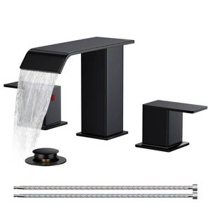 lot 9732 image: FORIOUS Bathroom Faucets 3 Hole,Matte Black 8 Inch Widespread Bathroom Sink Faucet Waterfall Spout, with Pop Up Drain and Water Supply, Suitable for Vanity Rv Commercial Lavatory Restroom