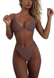 lot 9735 image: geluboao High Cut Bathing Suits for Women 2 Piece High Waisted Thong Bikini Bottom Sexy Kont Front Push Up Bikini Top Coffee M