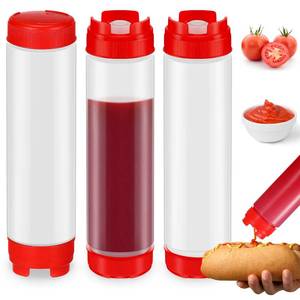 lot 9737 image: 3 Pcs 16 oz Inverted Plastic Squeeze Bottles, Refillable Tip Large Valve Dispenser Condiment Squeeze Bottle for Sauces Ketchup Sour Cream Self Sealing Syrup Dispenser for Restaurants (Red, White)