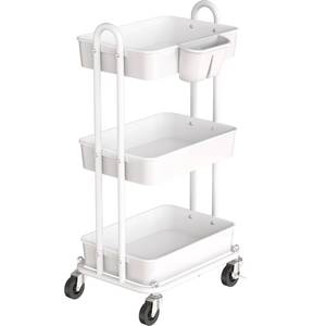 lot 9765 image: Simple Houseware 3-Tier Multifunctional Rolling Utility Cart with Hanging Bucket, White