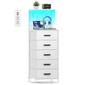 lot 9781 image: EKNKOZY Nightstand 5 Drawer Dresser with LED Lights, Charging Station, Metal Mesh Shelf with Hooks, Vertical Side Table with Fabric Drawers, End Table, Tall Dresser for Bedroom, Entryway, White