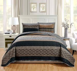 lot 9851 image: GrandLinen 3-Piece Fine Printed Oversize (115 X 95) Quilt Set Reversible Bedspread Coverlet King Size Bed Cover (Black, Brown, Taupe, Beige Lattice)