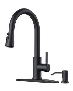 lot 9863 image: FORIOUS Black Kitchen Faucet with Soap Dispenser and Pull Down Sprayer, Bar High Arc Single Handle Classic 3 Modes Stainless Steel Faucet for Kitchen Sink Farmhouse RV Laundry Camper