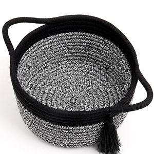 lot 9869 image: Small Gift Basket Empty to Fill SweetMemo Mini Cute Woven Rope Organizer Baskets for Gifting, Baby Shower, Desk, Bathroom, Toys Decorative Soft Bin with Gift Bag &amp Ribbon Black Grey