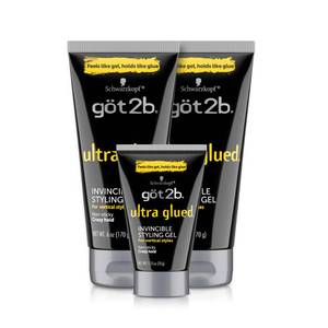 lot 9873 image: got2b Ultra Glued Invincible Styling Gel Set, 6 Fl Oz (2-Tube)  1.25 Fl Oz Travel Size, Hair Gel for Men and Women with Extra Strong Hold, Non-Sticky, No-Flake Formula for Vertical Styles