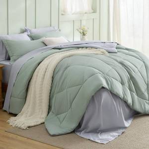 lot 9985 image: Bedsure Sage Green Queen Comforter Set - 7 Pieces Reversible Bed Set Sage Green Bed in a Bag Queen with Comforters, Sheets, Pillowcases & Shams, Queen Bedding Sets