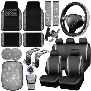 lot 9998 image: CAR PASS 23 PCS Bling Diamond Car Accessories Set for Women, Leather Seat Covers Full Set Sparkly Rhinestone15 Steering Wheel Covers Shining Car Floor Mats Cute Aotumotive Interior Sets, Silver BACK SEAT ONLY