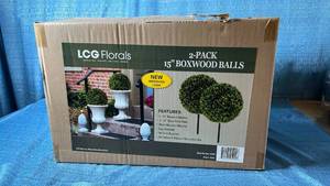 lot 4015 image: LCG Florals 15-inch Boxwood Ball Set with Stands - Retail $60