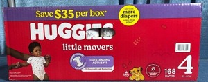 lot 5018 image: Huggies Little Movers Size 4 (22-37lb) Diapers - 168 Count