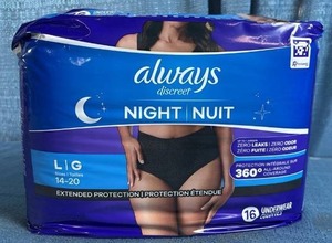 lot 5024 image: Always Discreet Night Underwear Size L, 16 Count - Retail $15