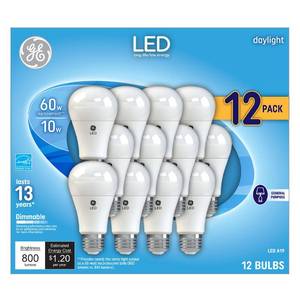 lot 6004 image: GE Daylight LED 60W Equivalent General Purpose A19 Light Bulbs (12 Pack)