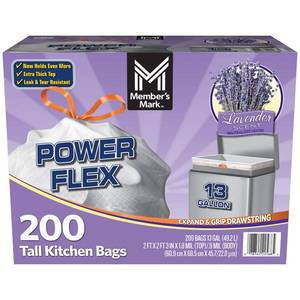 lot 6034 image: Members Mark Power Flex Tall Kitchen Drawstring Trash Bags, Lavender scent