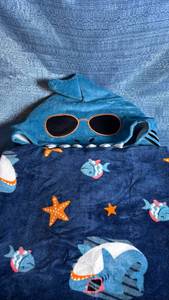 lot 7081 image: Nautical Baby Set - Designer Shark Bodysuit & Sand-Friendly Towels - Retail $45