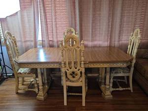 lot 102 image: Oak Dining Table Set with (4)Ornate Chairs (located upstairs)