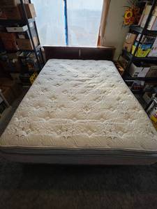 lot 109 image: Queen Size Pillow Top Mattress (Clean), Boxspring, Headboard, and Frame - Located Upstairs - Bring Tools to Disassemble - NOT required to take frame or headboard