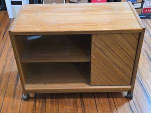 lot 114 image: Oak Rolling Printer Stand with Storage Shelves