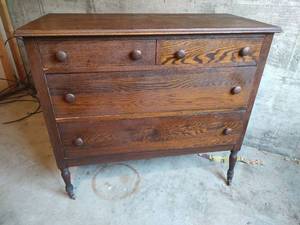 lot 118 image: Antique Oak Three-Drawer Chest with Turned Legs on Metal Wheels, Dovetail Joinery, 40 Wide x 20 Deep x 35.5 Tall