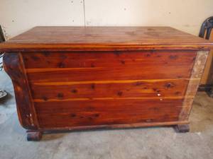 lot 119 image: Red Cedar Storage Chest with Wooden Runners, 48 wide x 27 deep x 27 tall. Missing One Runner on Back and One Piece Front Corbel