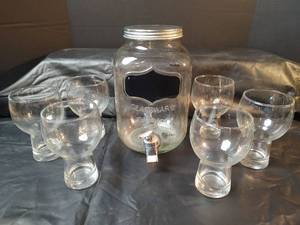 lot 205 image: Glass Beverage Dispenser with Chalkboard Label and Six Clear Drink Glasses