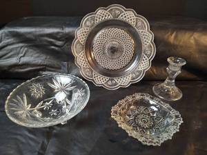lot 211 image: Vintage Precut Glass Plate, Bowl, Trinket Dish and Candleholder
