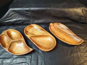 lot 215 image: Mid-Century Monkey Pod Divided Wood Serving Bowls, Handcrafted in Philippines