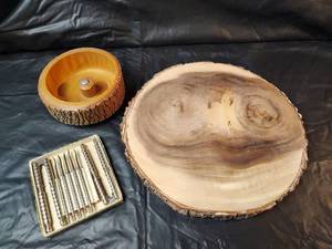lot 216 image: Natural Wood Decor Set, Wood Slab, Wood Nut Bowl with Nut Cracker Tools