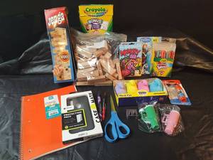 lot 251 image: Kids Game and School Supply Bundle, Jenga, m4De  moto g Protection Case, Key Chains and More