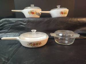 lot 257 image: Corning Ware 3 Piece Spice of Life Cookware Set with Lids and Small Anchor Hocking with Lid Casserole
