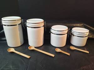 lot 287 image: White Ceramic Canister Set with Wooden Spoons and Locking Lids