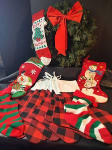 lot 318 image: Christmas Holiday Stockings Collection and Buffalo Plaid Treeskirt, Needlepoint Buffalo Plaid and Knit, including Wreath