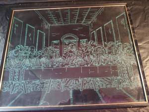 lot 339 image: The Lords Supper, 16 x 20, Greenish Blue Metallic Thread on Velvet Background